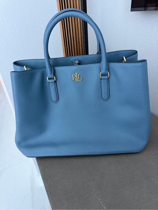 Ralph Lauren Handbags - Ralph Lauren Dusty Blue Leather Tote with Gold RL Accent